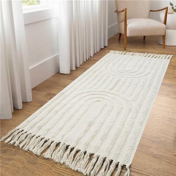 Boho Kitchen Runner Rug 2'x4' Cotton Laundry Room Rug Beige Rainbow Rug - Picture 1 of 7